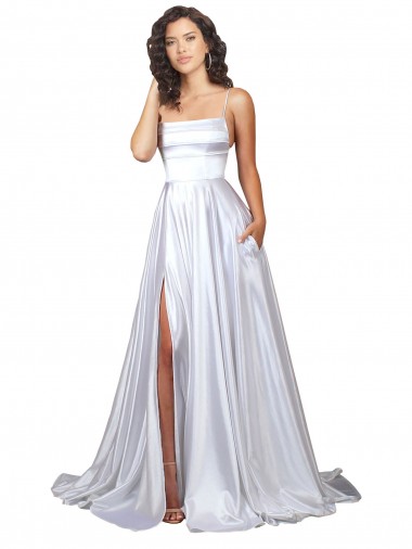 Fabricants Blanc Trapèze Bretelles spaghetti Satiné Stretch Simple Plage Robes de mariée