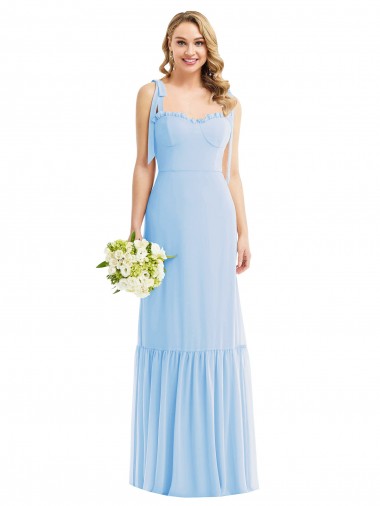 Fabricants Bleu ciel clair Trapèze Bretelles spaghetti Mousseline Longue Robes demoiselle d'honneur