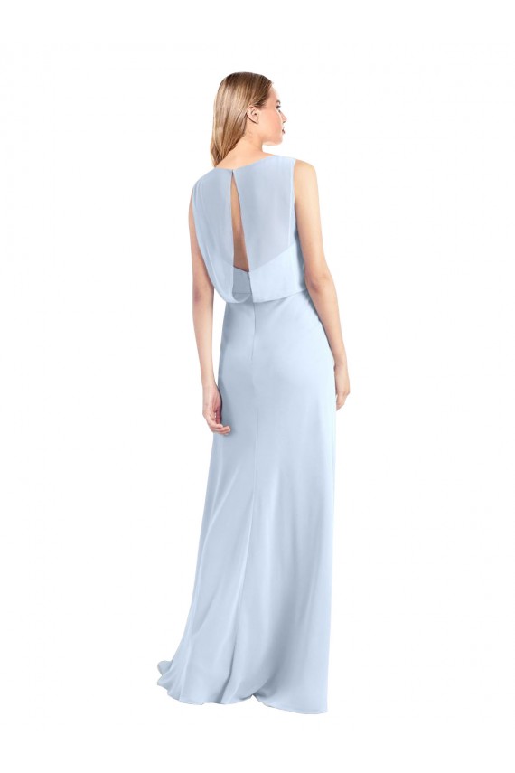 Fabricants Bleu ciel clair Trapèze Col V Mousseline Longue Robes demoiselle d'honneur