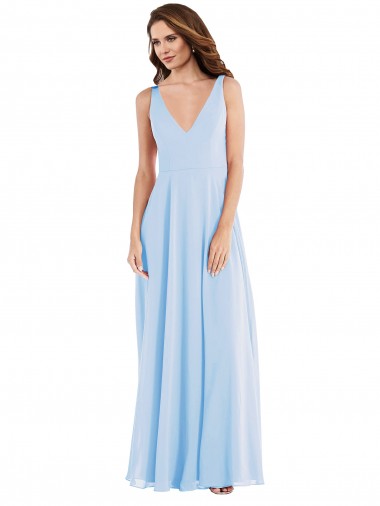 Fabricants Bleu ciel clair Trapèze Col V Mousseline Longue Robes demoiselle d'honneur