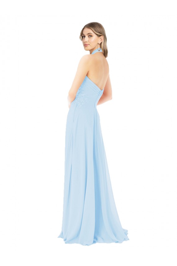 Fabricants Bleu ciel clair Trapèze Licou Col Haut Mousseline Longue Robes demoiselle d'honneur