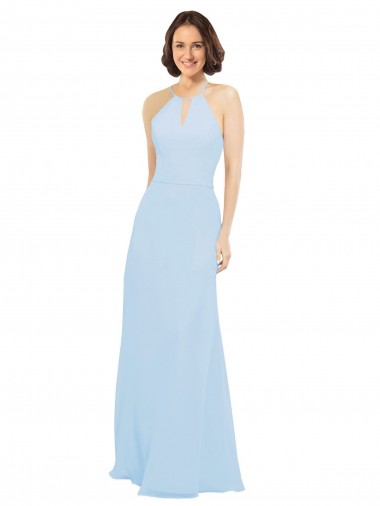 Fabricants Bleu ciel clair Trapèze Licou Mousseline Longue Robes demoiselle d'honneur