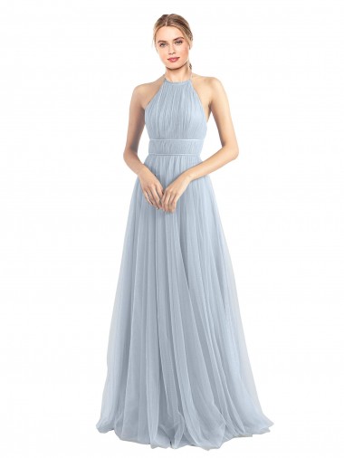 Fabricants Bleu ciel clair Trapèze Licou Tulle Longue Robes demoiselle d'honneur