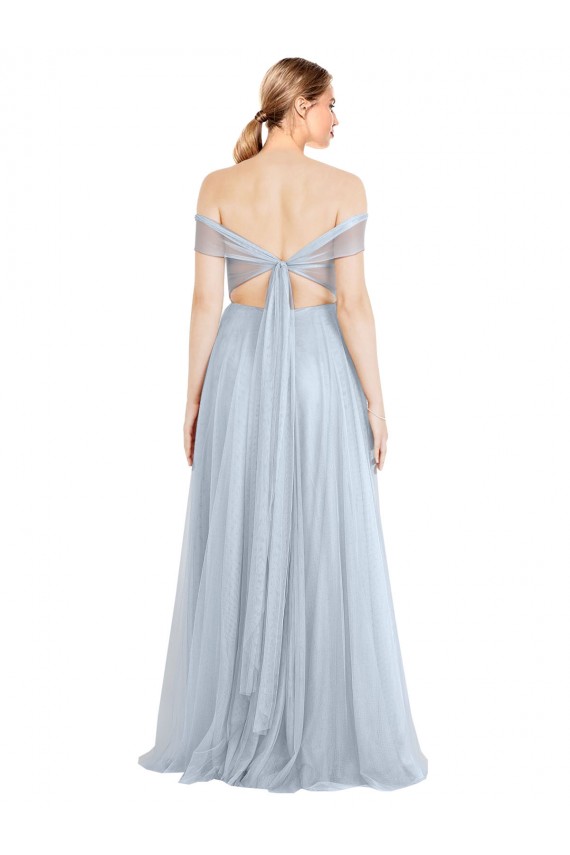 Fabricants Bleu ciel clair Trapèze Épaule Dénudée Tulle Longue Robes demoiselle d'honneur