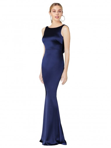 Fabricants Bleu marine foncé Fourreau Licou Col Haut Satiné Stretch Longue Formelles Robes demoiselle d'honneur / Robes de soirée / Robes de bal