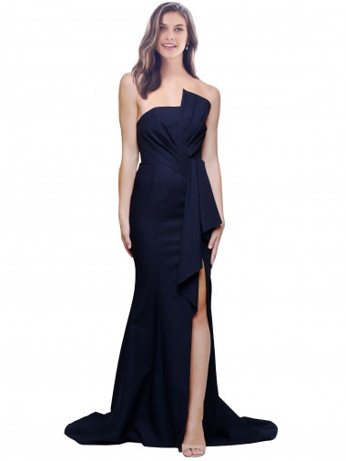 Fabricants Bleu marine foncé Fourreau Sans bretelle Balayage train Crêpe Stretch Longue Robes demoiselle d'honneur / Robes de bal