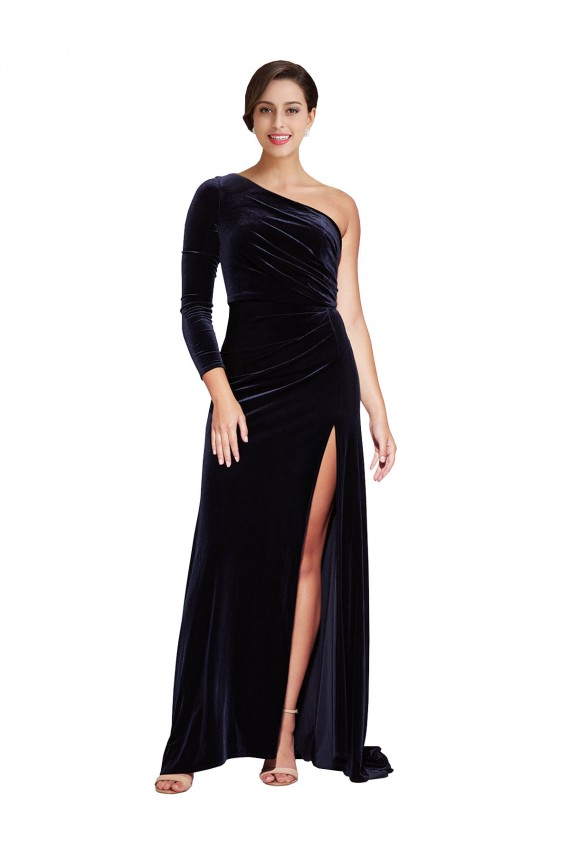 Fabricants Bleu marine foncé Trapèze Balayage train Velours Stretch Longue Formelles Robes demoiselle d'honneur / Robes de soirée / Robes de bal