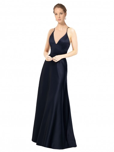 Fabricants Bleu marine foncé Trapèze Bretelles spaghetti Col V Satiné Longue Robes demoiselle d'honneur / Robes de bal