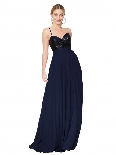 Fabricants Bleu marine foncé Trapèze Bretelles spaghetti Mousseline Paillette Longue Robes demoiselle d'honneur / Robes de bal