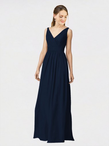Fabricants Bleu marine foncé Trapèze Col V Mousseline Longue Robes demoiselle d'honneur