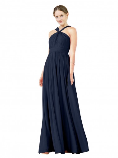 Fabricants Bleu marine foncé Trapèze Col V Mousseline Longue Robes demoiselle d'honneur