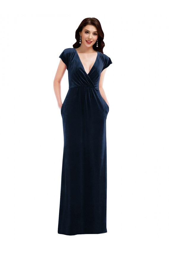 Fabricants Bleu marine foncé Trapèze Col V Velours Stretch Longue Formelles Robes demoiselle d'honneur / Robes de soirée / Robes de bal