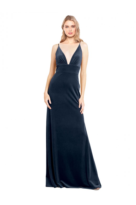 Fabricants Bleu marine foncé Trapèze Col V Velours Stretch Longue Robes demoiselle d'honneur / Robes de bal