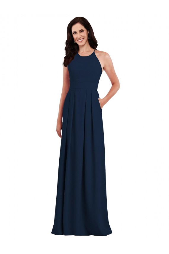 Fabricants Bleu marine foncé Trompette Licou Crêpe Stretch Longue Robes demoiselle d'honneur