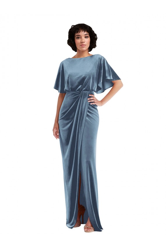 Fabricants Bleu poussiéreux Fourreau Velours Stretch Longue Robes demoiselle d'honneur / Robes de bal