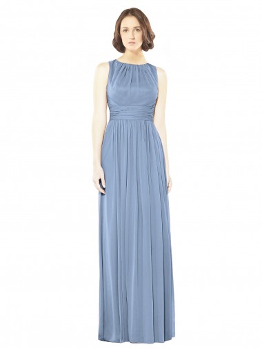 Fabricants Bleu poussiéreux Trapèze Bateau Mousseline Longue Robes demoiselle d'honneur