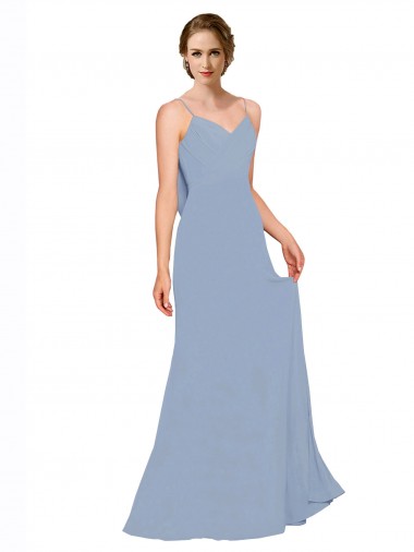 Fabricants Bleu poussiéreux Trapèze Bretelles spaghetti Mousseline Longue Robes demoiselle d'honneur