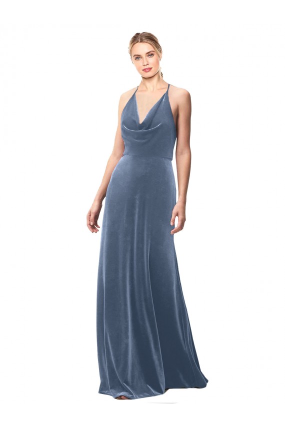Fabricants Bleu poussiéreux Trapèze Bretelles spaghetti Velours Stretch Longue Robes demoiselle d'honneur / Robes de bal