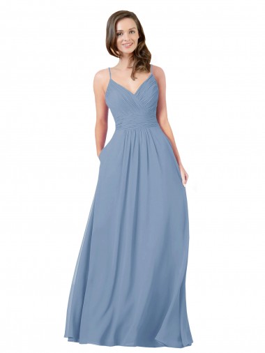 Fabricants Bleu poussiéreux Trapèze Col V Mousseline Longue Robes demoiselle d'honneur
