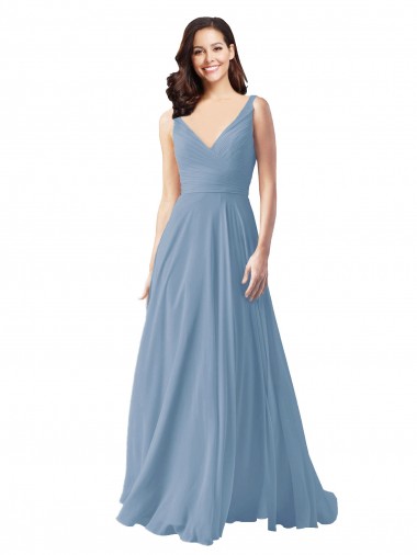 Fabricants Bleu poussiéreux Trapèze Col V Mousseline Longue Robes demoiselle d'honneur
