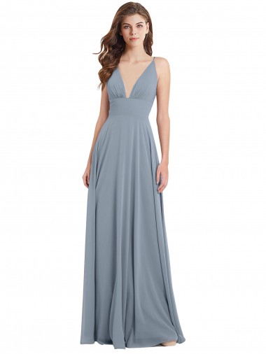 Fabricants Bleu poussiéreux Trapèze Col V Mousseline Longue Robes demoiselle d'honneur