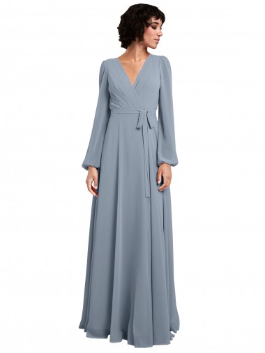 Fabricants Bleu poussiéreux Trapèze Col V Mousseline Longue Robes demoiselle d'honneur