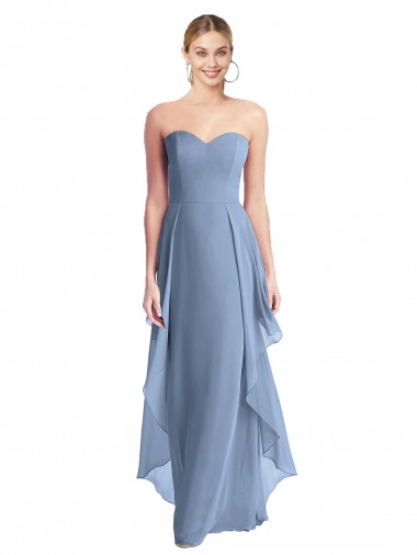 Fabricants Bleu poussiéreux Trapèze Sans bretelle Mousseline Longue Robes demoiselle d'honneur