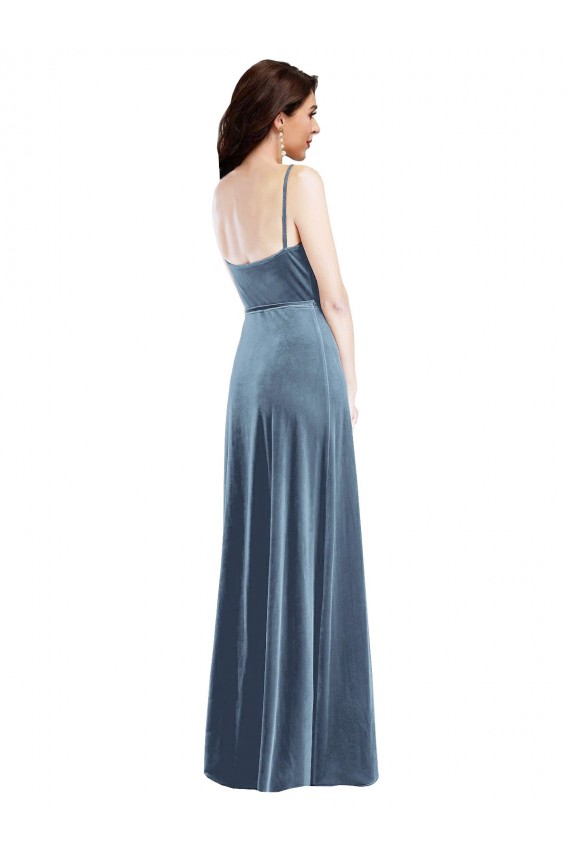 Fabricants Bleu poussiéreux Trapèze Velours Stretch Longue Robes demoiselle d'honneur / Robes de bal