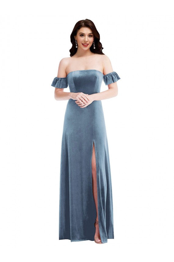 Fabricants Bleu poussiéreux Trapèze Épaule Dénudée Velours Stretch Longue Robes demoiselle d'honneur / Robes de bal
