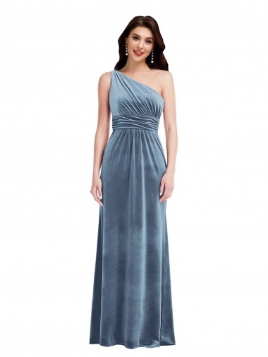 Fabricants Bleu poussiéreux Trapèze Épaule Dénudée Velours Stretch Longue Robes demoiselle d'honneur / Robes de bal