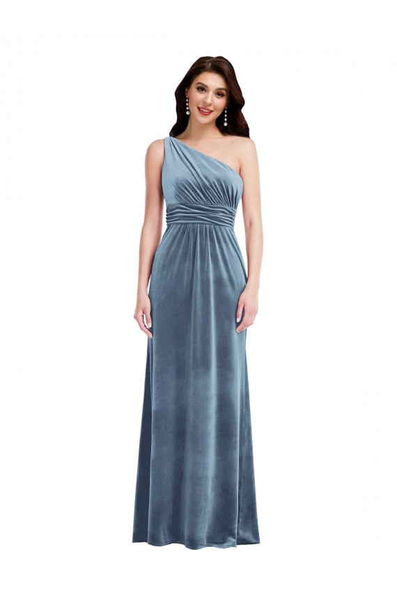 Fabricants Bleu poussiéreux Trapèze Épaule Dénudée Velours Stretch Longue Robes demoiselle d'honneur / Robes de bal