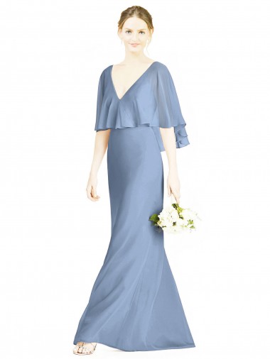 Fabricants Bleu poussiéreux Trompette Col V Mousseline Longue Robes demoiselle d'honneur