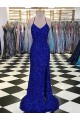 Fabricants Bleu roi Fourreau Col V Balayage train Paillettes Velours Longue Robes de bal