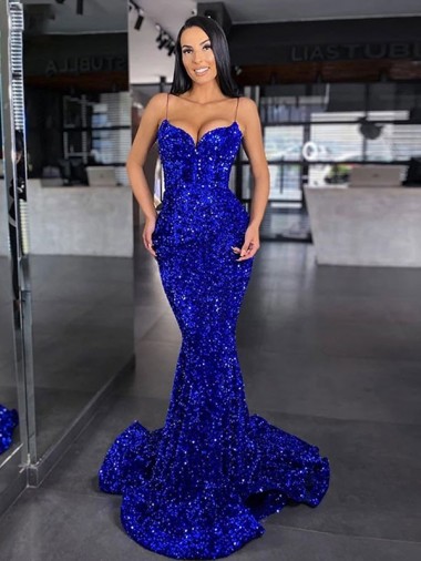 Fabricants Bleu roi Sirène Bretelles spaghetti Balayage train Paillettes Velours Longue Robes de bal