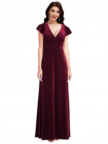 Fabricants Bordeaux Trapèze Col V Velours Stretch Longue Robes demoiselle d'honneur / Robes de bal