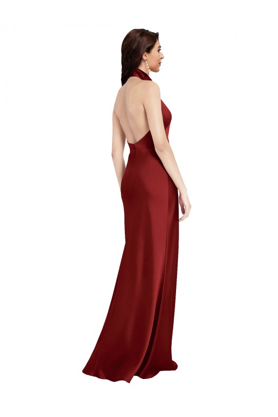 Fabricants Bordeaux Trapèze Licou Satiné Stretch Longue Formelles Robes demoiselle d'honneur / Robes de soirée / Robes de bal