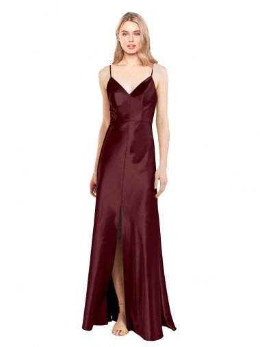Fabricants Bordeaux foncé Trapèze Bretelles spaghetti Col V Satiné Stretch Longue Formelles Robes demoiselle d'honneur / Robes de soirée / Robes de bal
