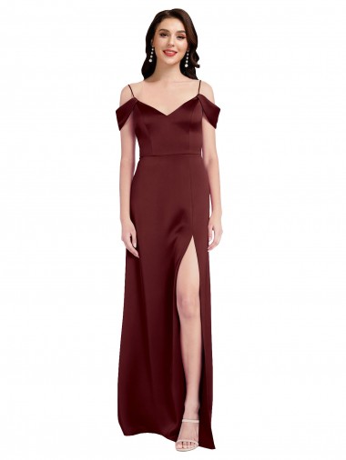 Fabricants Bordeaux foncé Trapèze Épaule Dénudée Col V Satiné Stretch Longue Formelles Robes demoiselle d'honneur / Robes de soirée / Robes de bal