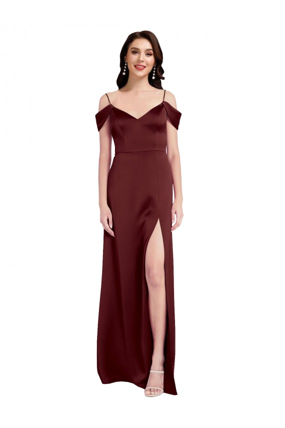 Fabricants Bordeaux foncé Trapèze Épaule Dénudée Col V Satiné Stretch Longue Formelles Robes demoiselle d'honneur / Robes de soirée / Robes de bal