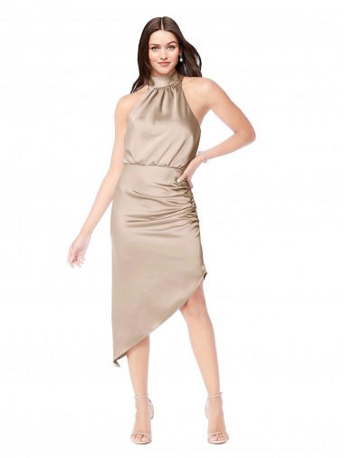 Fabricants Champagne Rose Trapèze Licou midi Satiné Soyeux Courte Asymétrique Robes demoiselle d'honneur / Robes de bal / Robes de cocktail