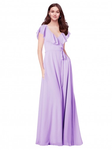Fabricants Lilas Trapèze Col V Mousseline Longue Robes demoiselle d'honneur