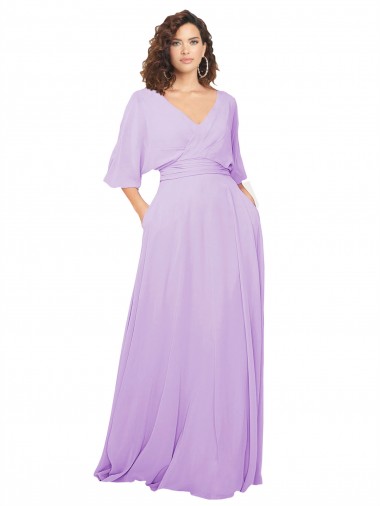 Fabricants Lilas Trapèze Col V Mousseline Longue Robes demoiselle d'honneur