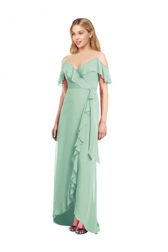 Fabricants Menthe verte Trompette Bretelles spaghetti Col V Mousseline Longue Asymétrique Robes demoiselle d'honneur