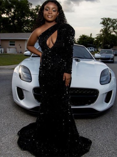 Fabricants Noir Fourreau Balayage train Paillettes Velours Longue Robes de bal