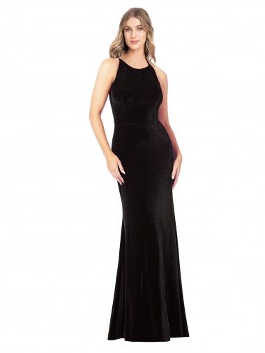 Fabricants Noir Fourreau Bretelles spaghetti Col bijou Velours Stretch Longue Formelles Robes demoiselle d'honneur / Robes de soirée / Robes de bal