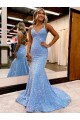 Fabricants Periwinkle Fourreau Col V Balayage train Paillettes Velours Longue Robes de bal