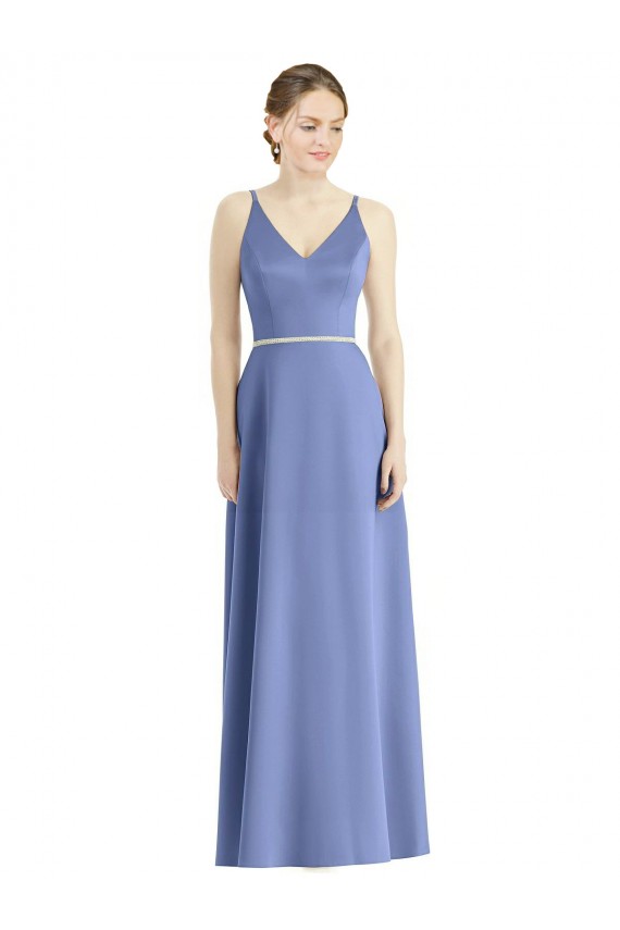 Fabricants Periwinkle Trapèze Bretelles spaghetti Col V Satiné Longue Robes demoiselle d'honneur
