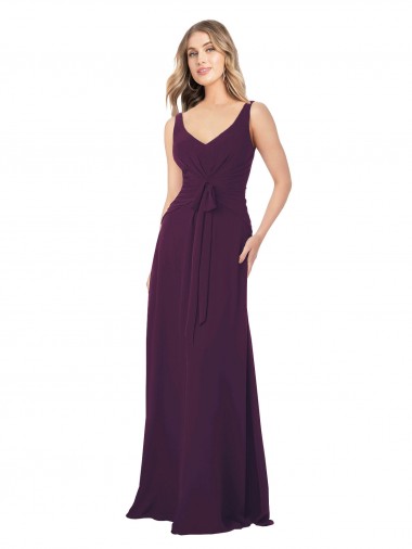 Fabricants Pourpre Trapèze Col V Mousseline Longue Robes demoiselle d'honneur