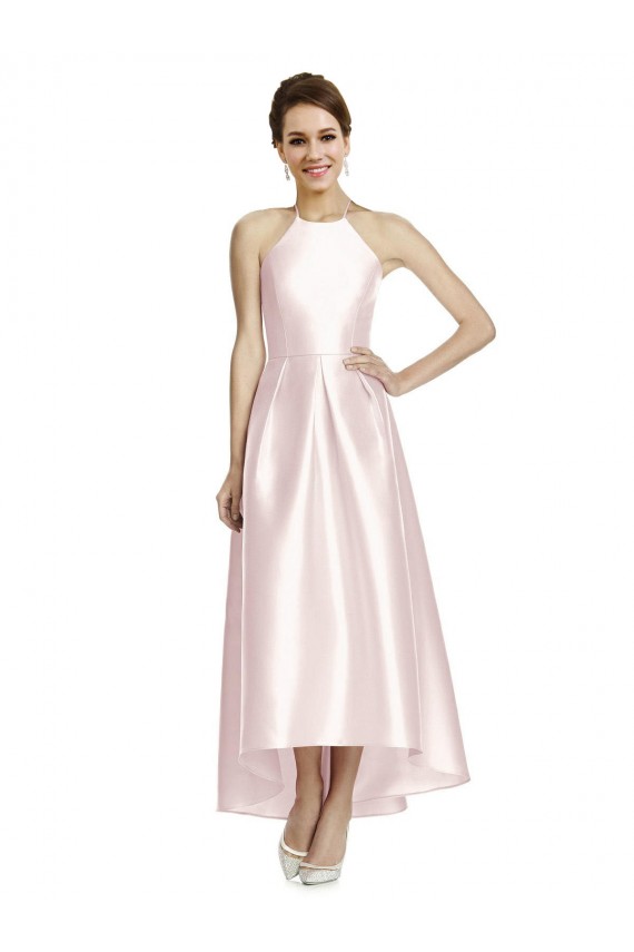 Fabricants Rose Trapèze Bretelles spaghetti Satiné Longue Asymétrique Robes demoiselle d'honneur