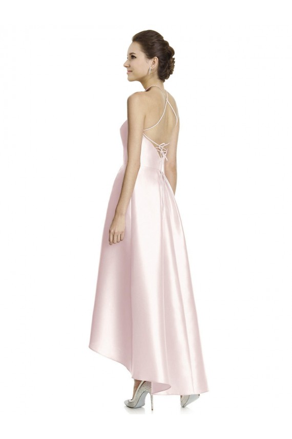 Fabricants Rose Trapèze Bretelles spaghetti Satiné Longue Asymétrique Robes demoiselle d'honneur